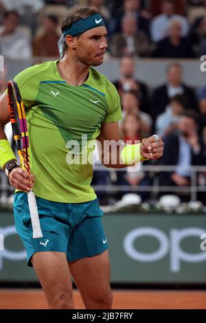 Paris, France. 03rd June, 2022. Fifth-seeded Rafael Nadal of Spain celebrates a point against third-seeded Alexander Zverev of Germany during their semi-final match of the French Tennis Open at Roland Garros near Paris, France, on Friday, June 3, 2022. Zverev was forced to retire after an injury, leaving Nadal to reach Sunday's final match. Photo by Maya Vidon-White/UPI Credit: UPI/Alamy Live News Stock Photo