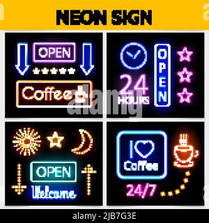 Modern digital advertising neon signs concept with bright glowing frames colorful inscriptions illuminated stars arrows sparkles moon shiny coffee cup Stock Vector