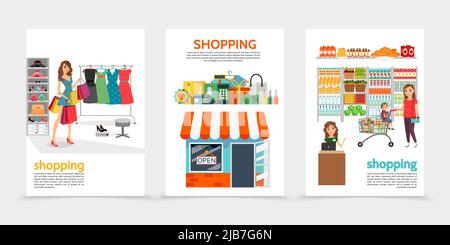 Flat shopping brochures with women buying products store money seller cash register bags payment card shelves of vegetables and fruits isolated vector Stock Vector
