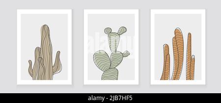 Cactus boho vector set in line art style. Ethnic tribal cactus in hand drawn style with bohemian ornament for wrapping paper, wallpaper, textile, logo Stock Vector