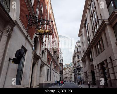 Lombard Street towards the Sky Garden. The Grasshopper is the family sign of merchant and financer Thomas Gresham. City of London. Stock Photo