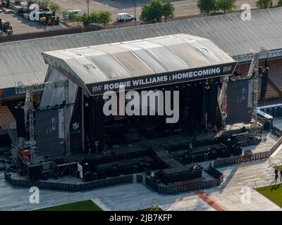 Vale Park Port Vale Football Club FC Robbie Williams Homecoming Home Coming Concert Aerial Drone Birdseye View Burslem Stoke on Trent Stock Photo