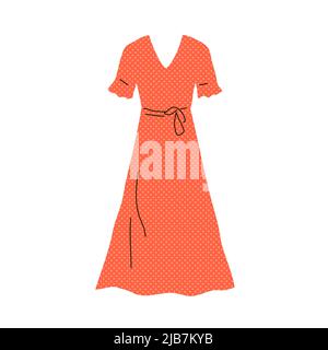 Red women long dress. Fashion and female wardrobe. Summer season. Beautiful casual wear. Shopping and sales. Design template. Vector flat illustration Stock Vector