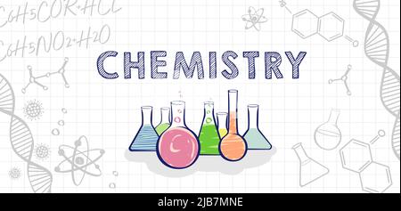 Creative chemical background in handdrawn style. School textbook cover concept. Educational illustration with vector medical objects Stock Vector