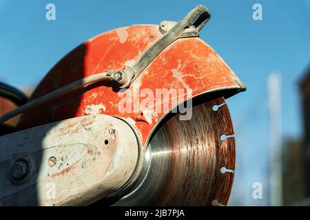 close-up of a saw with a disc for cutting concrete and paving slabs Stock Photo