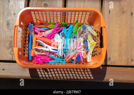 Multi-colored, clothespins lie in a plastic basket on a wooden floor Stock Photo