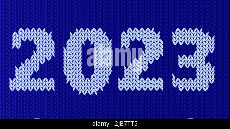 Knit Christmas 2023 vector illustration sign. Blue sweater background. Festive white knitted ornament on dark background. Holiday xmas winter texture Stock Vector