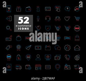 E-commerce set vector icons shopping and online isolated on the black. Graph symbol for your web site design, logo, app, UI Stock Vector