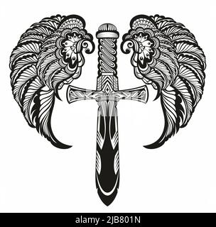 Black and white winged sword logo with elegant outspread wings and feathers for tattoo design Stock Photo