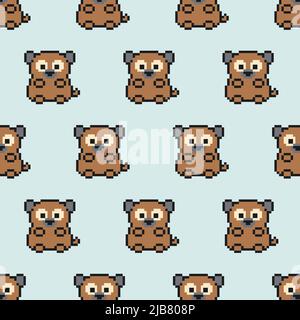 Cute pixel brown dog pattern on light blue background. 8 bit cartoon animals character. Texture for fabric, wrapping, textile, wallpaper. Decorative Stock Vector