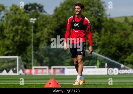 PONTYCLUN, WALES - 02 JUNE 2022: Wales' Joe Rodon during a training session  at the vale resort ahead of the 2022 FIFA World Cup play-off final v  Ukraine at the Cardiff City
