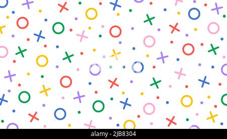 Fun colorful memphis XOXO backdrop. Seamless vector hipster xo pattern. Chaotic bright multi colored cross and zero elements on white background Stock Vector