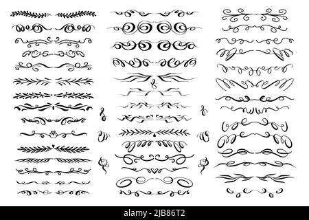 Hand drawn doodle ornamental dividers and borders set. Collection of vector calligraphic design elements. Stock Vector