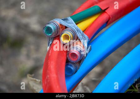 fiber laying for high speed internet construction site Stock Photo