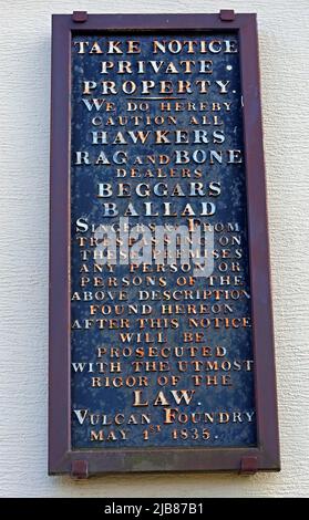 1835 Take Notice, No Hawkers sign, Derby Row, Vulcan Village, Warrington, ex-Charles Tayleur railway factory Newton-Le-Willows history, Lancashire Stock Photo
