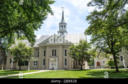 Lititz, Pennsylvania- June 1, 2022: Summer view of the Lititz Moravian Church located on Church Square in the quaint town of Lititz. Stock Photo