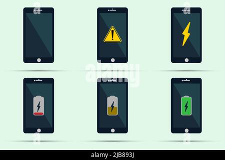set mobile phone.Smartphone with notification exclamation mark,change battery icon on screen Stock Vector