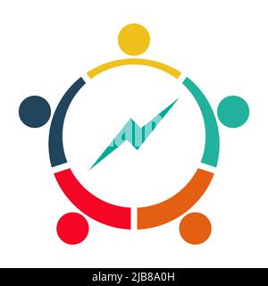 five people in a circle holding hands.The summit workers are meeting in the same power room. Stock Vector