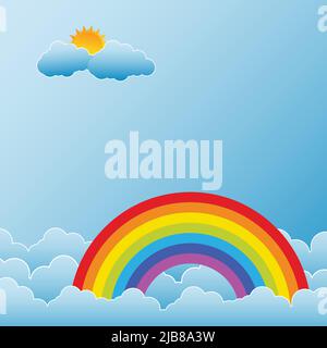 Rainbow with Sun and Clouds,Vector illustration Stock Vector
