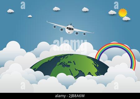 Plane is flying through the world,earth suns with a variety of clouds Stock Vector