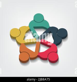 Group of five people logo in a circle.Persons teamwork holding point of view 3D Stock Vector