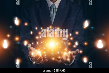 Hand holding virtual Global holography and virtual icon connecting metaverse. Digital technology and big data for analysis. Business connection applic Stock Photo