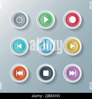 symbol icon set media player control white round buttons. vector illustrator Stock Vector