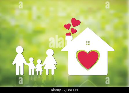 Happy family at home Mom and Dad stand holding hands with boys and girls. Home heart on the ground, blurred green background Stock Vector