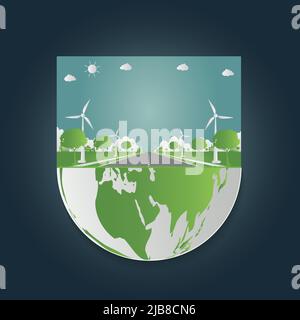 Factory ecology,Industry icon,Wind turbines with trees and sun Clean energy with road eco-friendly concept ideas,Green cities help the world.vector il Stock Vector
