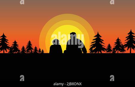 Father and son sit at sunset time flat design Stock Vector
