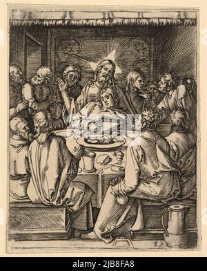 The last supper with Christ sitting in the center embracing John, print, Marcantonio Raimondi, Stock Photo
