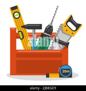 Drill, hammer, saw, and level in the tool box. Vector illustration Stock Vector
