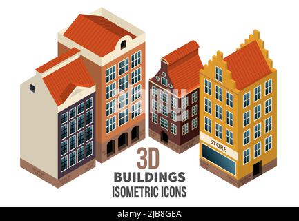 Set of building icons 3d. Residential buildings with retail store on the first floor. Vector illustration Stock Vector