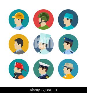 Set of profession icons isolated in circle. Soldiers and builder, fireman and a cook, a doctor and captain. Vector illustration Stock Vector