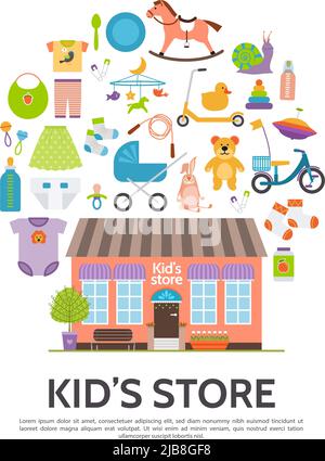 Flat kids store concept with shop building toys clothing kick scooter bicycle baby carriage yule pacifier isolated vector illustration Stock Vector