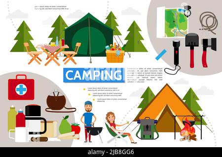 Flat camping infographic concept with tent flashlight axe shovel map compass backpack tourists medical kit table chairs basket of products vector illu Stock Vector