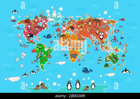 World map with animals. Monkey and hedgehog, bear and kangaroo, hare wolf panda and penguin and parrot. Animals world map vector illustration in carto Stock Vector