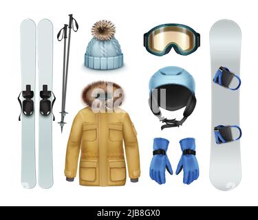 Winter sports stuff and apparel: brown coat with fur hood, pants, gloves, knitted cap, goggles, helmet, ski, sticks, snowboard front view isolated on Stock Vector