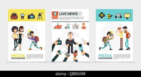 Flat mass media posters with paparazzi photographer professional equipment correspondent news car journalist id card reporters hands holding camera mi Stock Vector