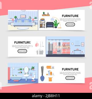 Flat furniture horizontal banners with bathroom kitchen and living room interiors vector illustration Stock Vector
