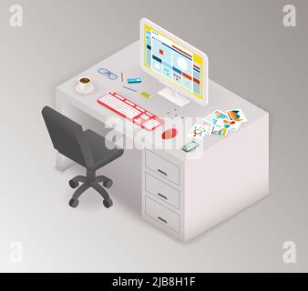 Creative office isometric workspace. Computer and workplace, desk and table, infographic and chart, screen and network, vector illustration Stock Vector