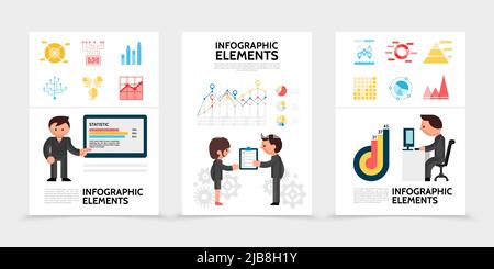 Flat infographic elements posters with diagrams charts man indicating on graph business people holding checklist businessman working on computer isola Stock Vector