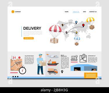 Flat delivery service landing page template with packages flying on parachutes calendar timer courier warehouse airplane ship truck vector illustratio Stock Vector