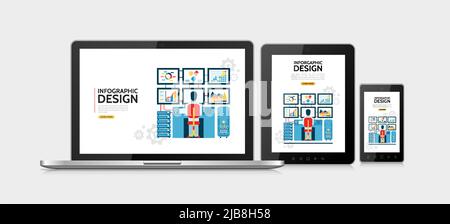 Flat infographic design concept with man working on computer with six monitors showing diagrams charts adaptive for laptop tablet mobile screens isola Stock Vector
