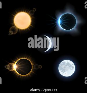Sun and moon and suns and moons eclipse. Astronomy sky, vector illustration set Stock Vector