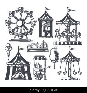 Amusement park fairground games and attractions icons black set isolated vector illustration Stock Vector