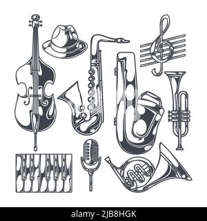 Jazz music club party icons sketch set with saxophone trumpet singer and double bass isolated vector illustration Stock Vector