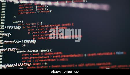 Laptop Display Closeup Photo. Information technology website coding standards for web design Programmer developer screen. Stock Photo