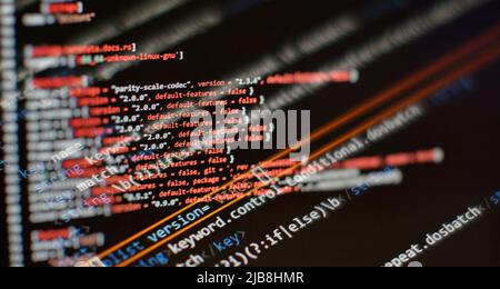 Laptop Display Closeup Photo. Information technology website coding standards for web design Programmer developer screen. Stock Photo