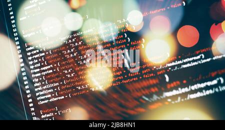 Writing programming functions on laptop. Big data and Internet of things trend. Software development. Internet security hacke Stock Photo